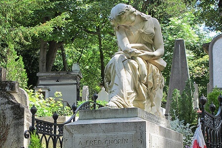 Photo of Frédéric Chopin’s tomb in Père-Lachaise Cemetery. 