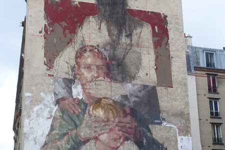 photo of the street art fresco in Paris 13 by Borondo, entitled: The 3 Ages