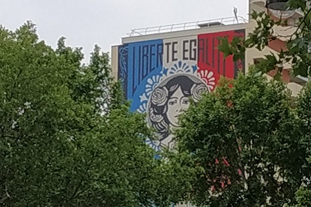 photo of the street art fresco in Paris 13 by OBEY, entitled: Liberty Equality Fraternity