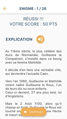 Capture écran explication énigme sur le parcours Enquête à Caen