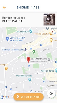 capture écran de la localisation du parcours Montmartre sur l application